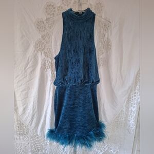 SAYLOR Teal Sleeveless Mini Dress with Feathered Hem